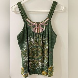 Anthropologie Geometric Scoop Neck Embroidered Green Tank Top sz M